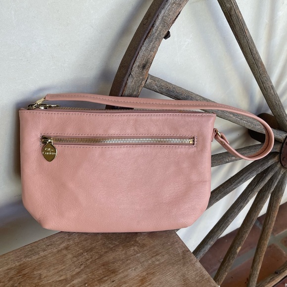 CALLEEN CORDERO Peachy Pink Studded Leather Shoulder Bag 2 Zippered Storage Cute - Picture 11 of 12